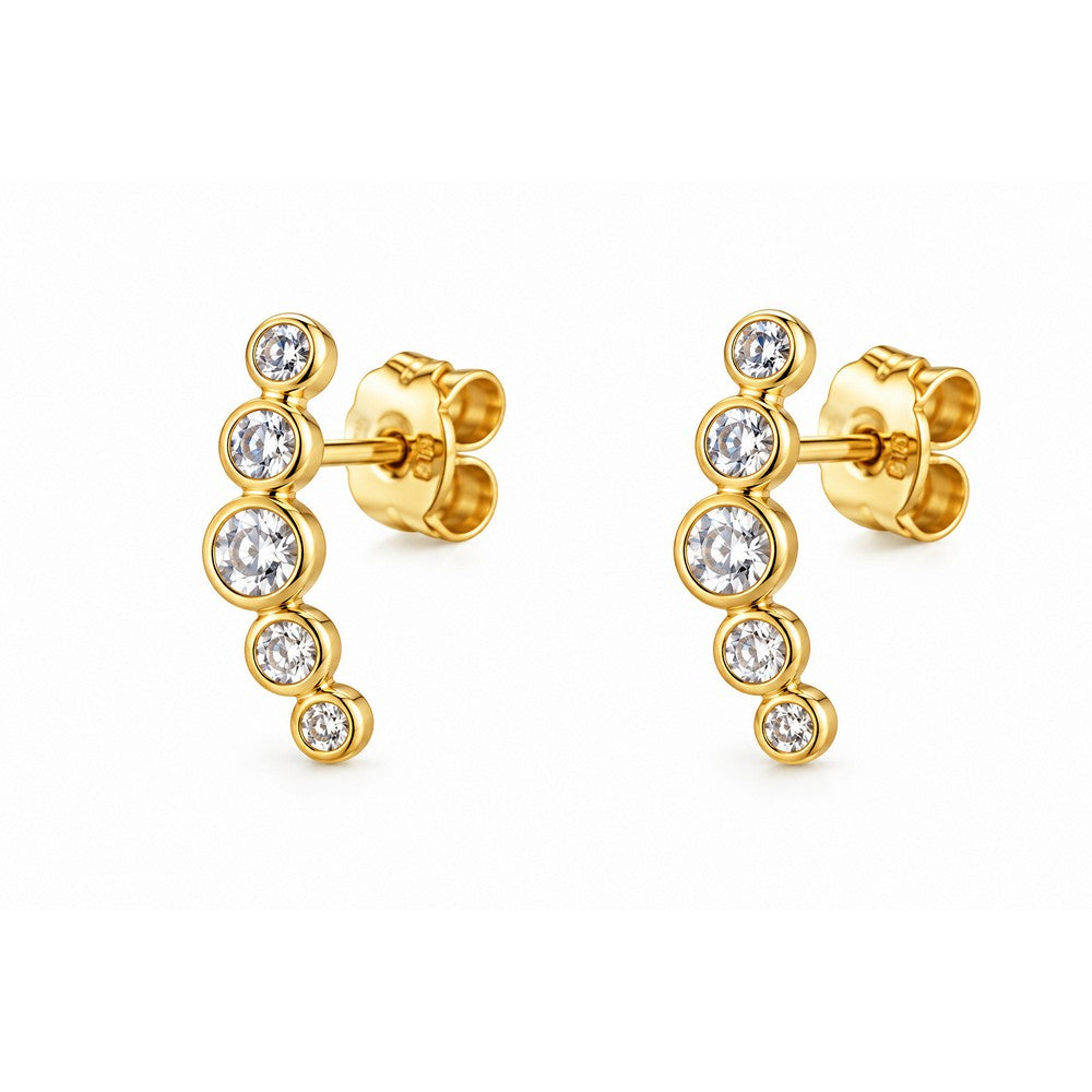 Elegante Ohrstecker aus 14-karätigem Gold mit fünf Diamanten in raffinierter Zargenfassung, stilvoll in einer geschwungenen Reihe angeordnet