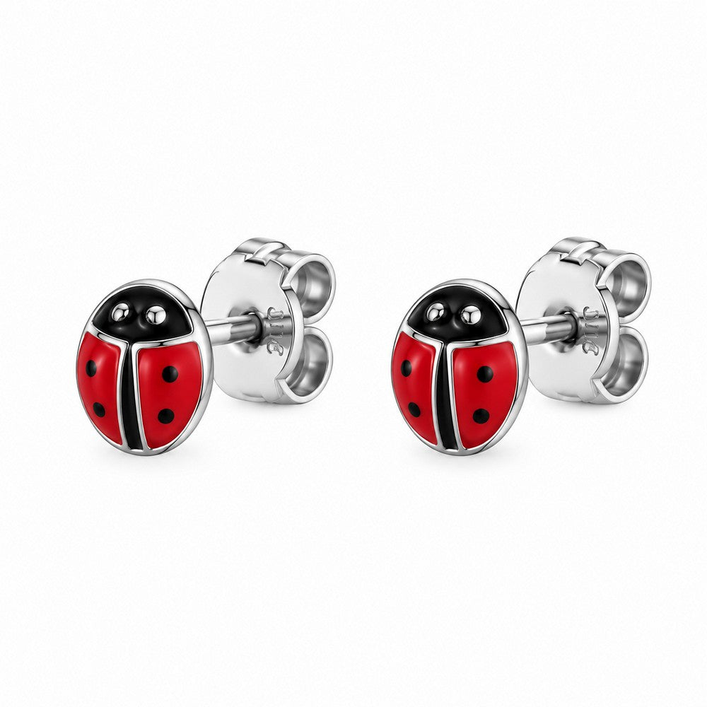 Elegante Mini-Marienkäfer-Ohrstecker für Kinder aus rhodiniertem Silber mit leuchtend roter Emaille