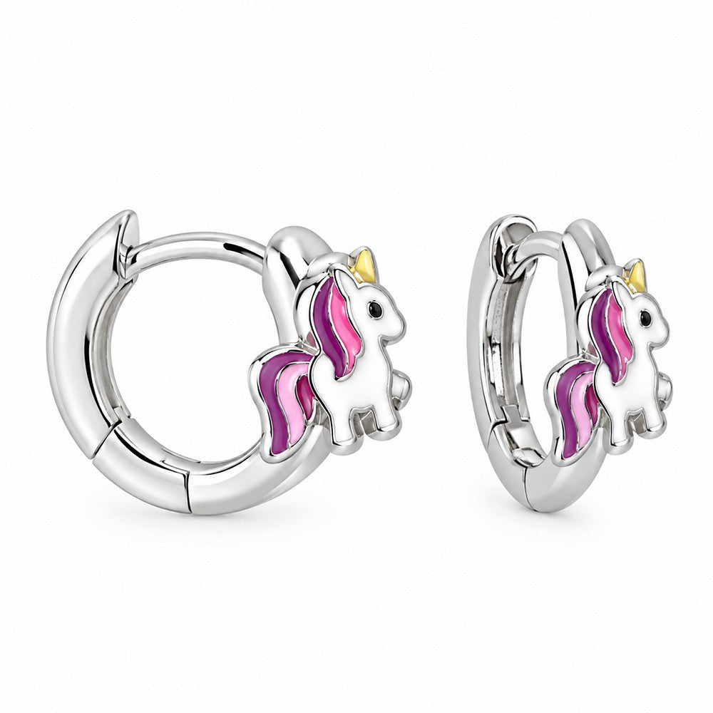 Stilvolle Kinder-Creolen mit praktischem Klappverschluss und Einhornmotiv in pinker und lilafarbener Emaille, gefertigt aus rhodiniertem Silber