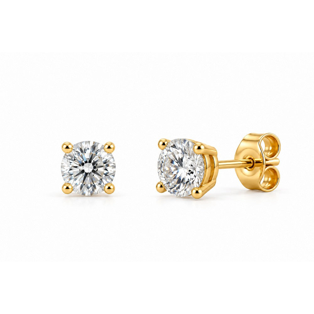 Elegante goldfarbene Ohrstecker mit rundem 4-mm-Zirkonia in klassischer Vierkrappenfassung