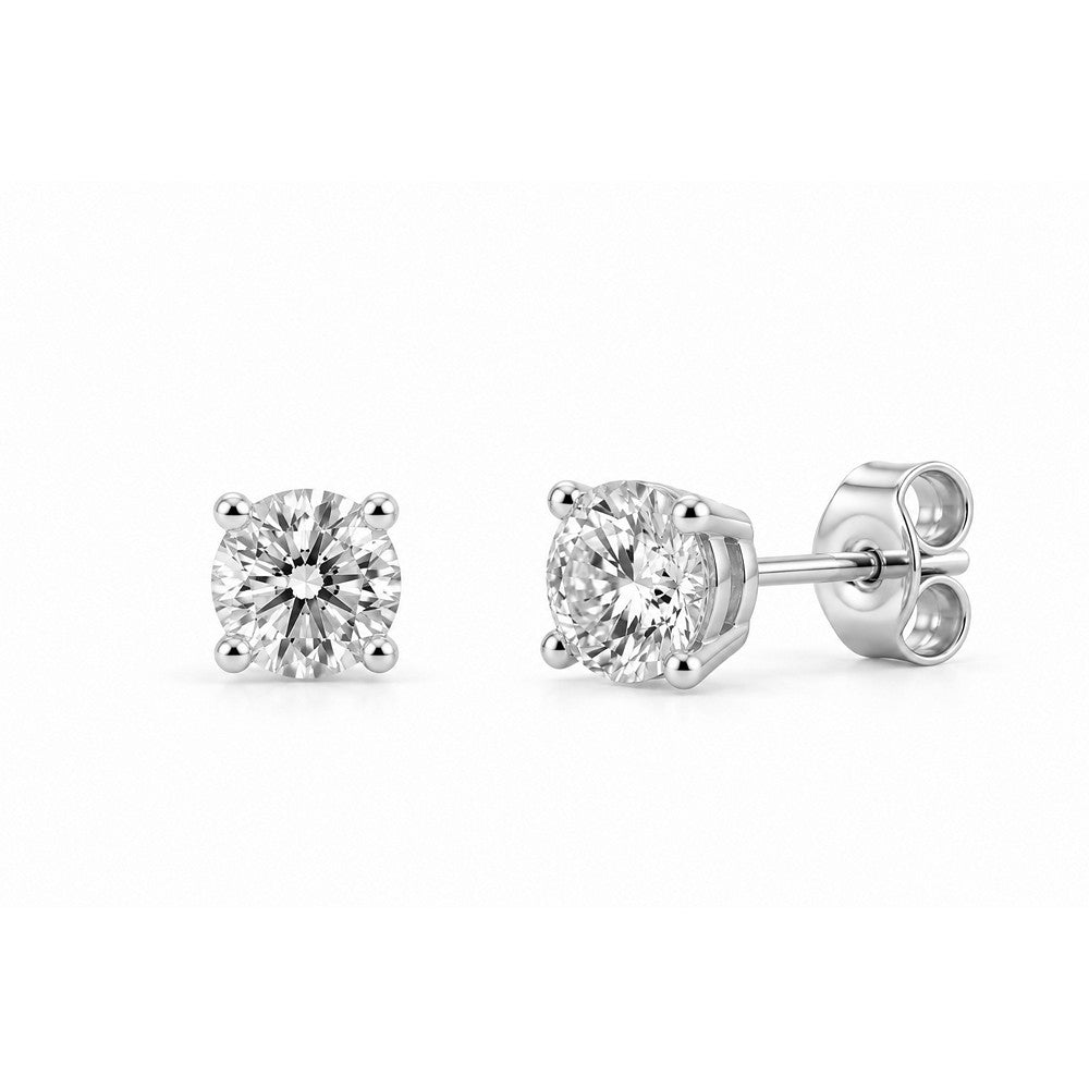Elegante Ohrstecker aus rhodiniertem Silber mit 4 mm großem, rundem Zirkonia in klassischer Vierkrappenfassung