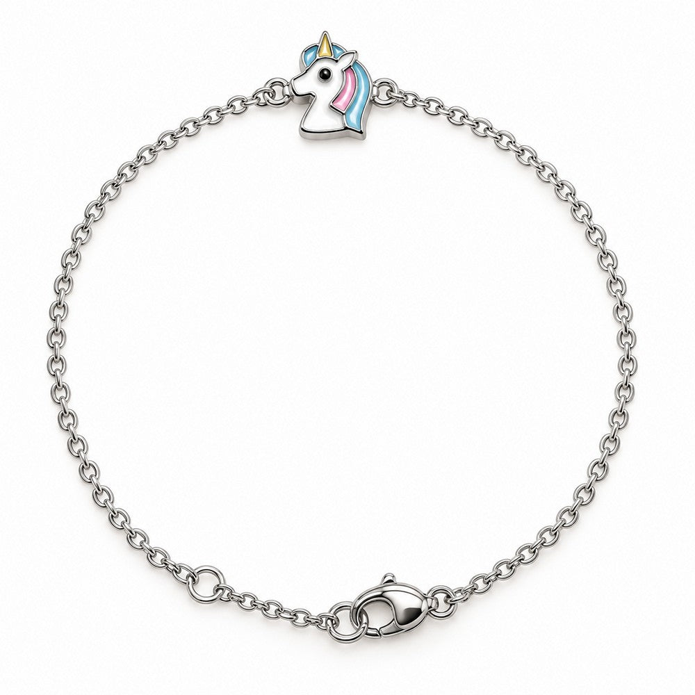 Stilvolles Kinderarmband mit Einhorn-Motiv und blauer sowie rosafarbener Emaille aus rhodiniertem Silber