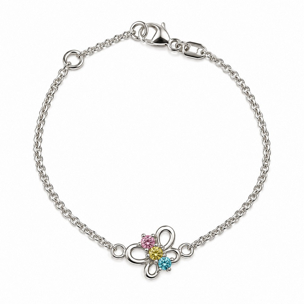 Stilvolles Kinderarmband aus rhodiniertem Silber mit einem filigranen Schmetterlingsmotiv und farbenfrohen Zirkonia
