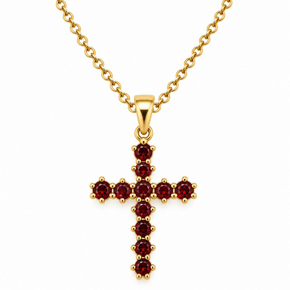 Eleganter Kreuzanhänger aus 8-karätigem Gold mit leuchtend roten Granaten an einer stilvollen, vergoldeten Silber-Ankerkette
