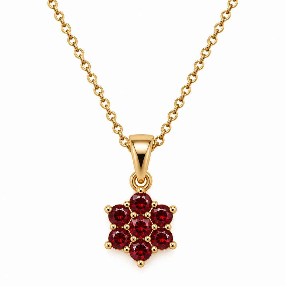 Eleganter Blumenanhänger aus 8-karätigem Gold mit sieben roten Granaten an einer stilvollen, vergoldeten Ankerkette aus Silber