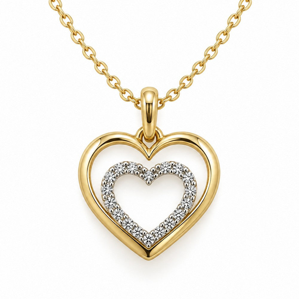 Eleganter Doppelherz-Anhänger aus 8-karätigem Gold mit funkelnden Zirkonia an einer vergoldeten Ankerkette aus Silber