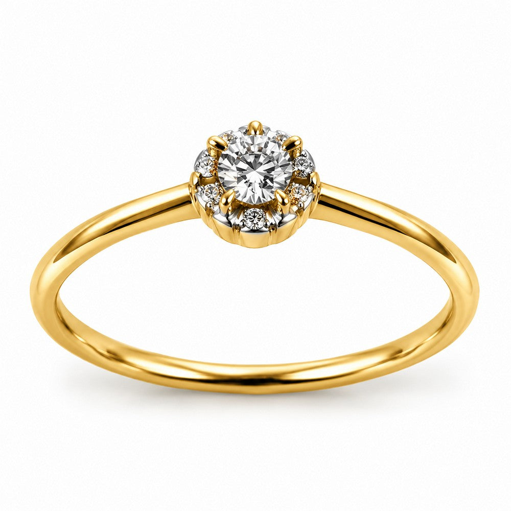 Eleganter Halo-Ring aus 8-karätigem Gold mit einem klaren Zirkonia, umrahmt von funkelnden kleinen Zirkonia-Steinen – stilvoll und zeitlos aus dem Schmuckzentrum.