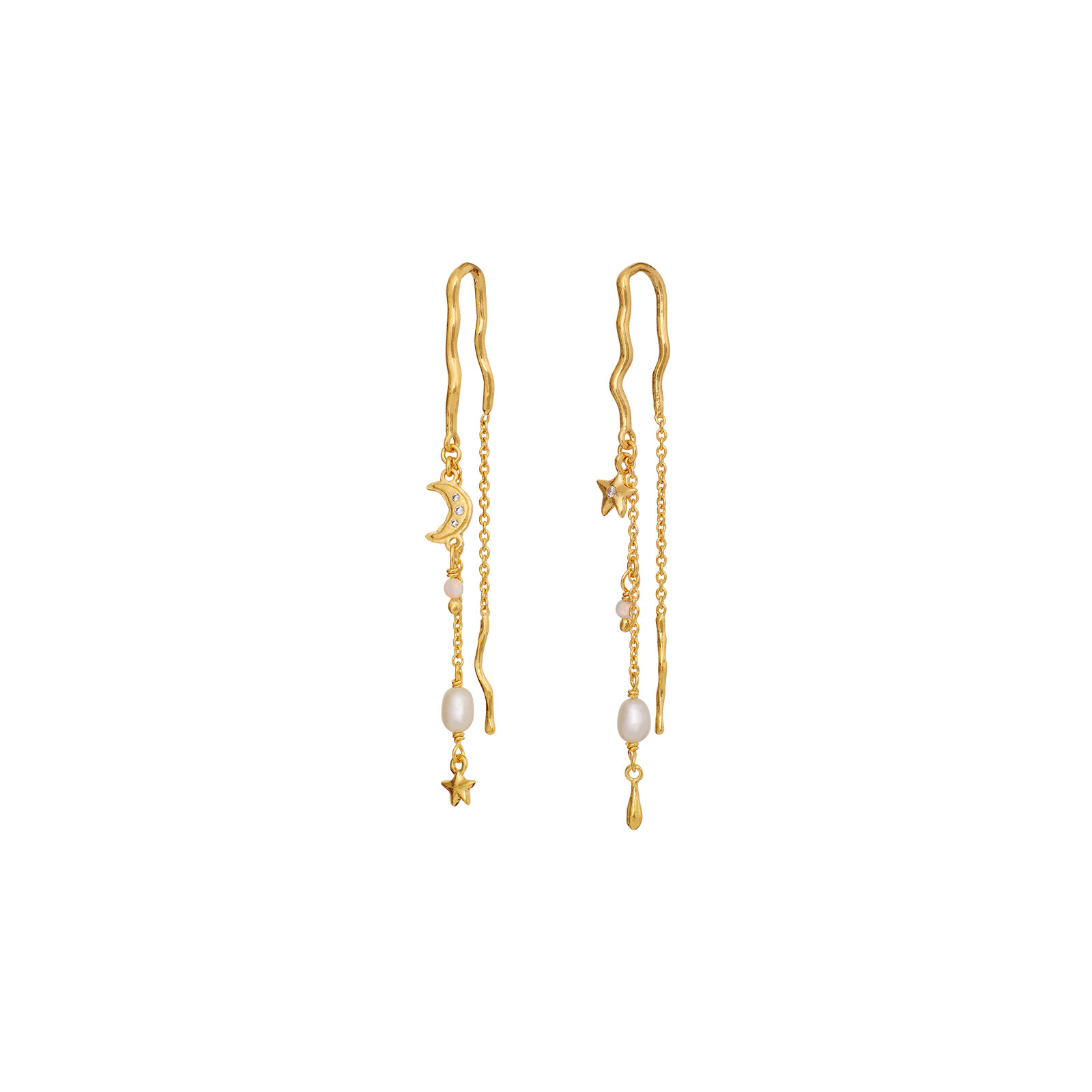 Elegante asymmetrische Luzia-Ohrringe von Maanesten aus vergoldetem 925er Sterlingsilber mit weißem Opal und echter Süßwasserperle