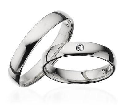 Weißgoldringe aus 14 kt. 4,0 mm. gewölbt, glatt. Mit oder ohne Brillant