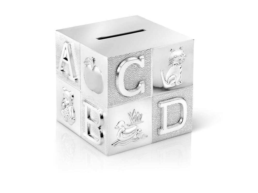 Stilvolle Cube-Spardose von Zilverstad aus silberfarbenem Metall mit raffinierten geprägten Motiven.