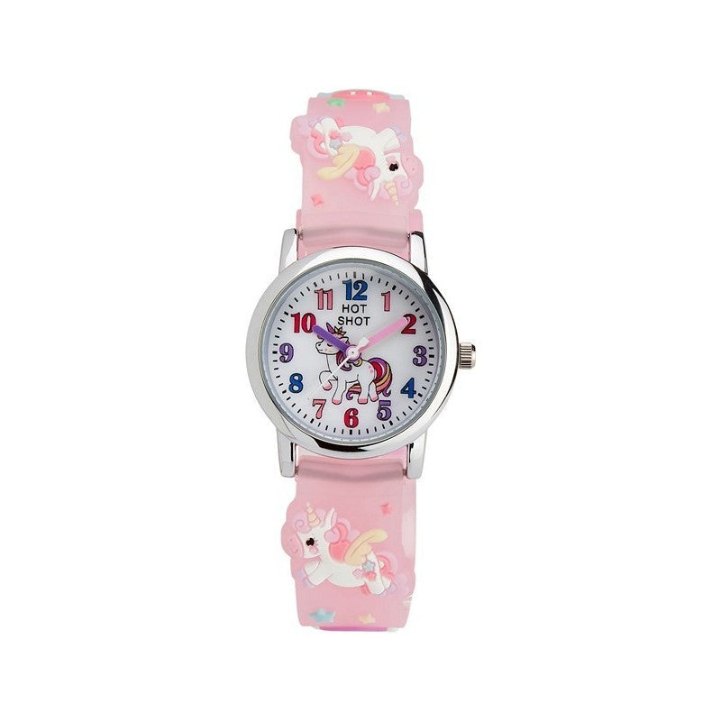 Stilvolle Kinderuhr mit rosafarbenem Silikonarmband mit Einhornmotiven und weißem Zifferblatt mit bunten Zahlen