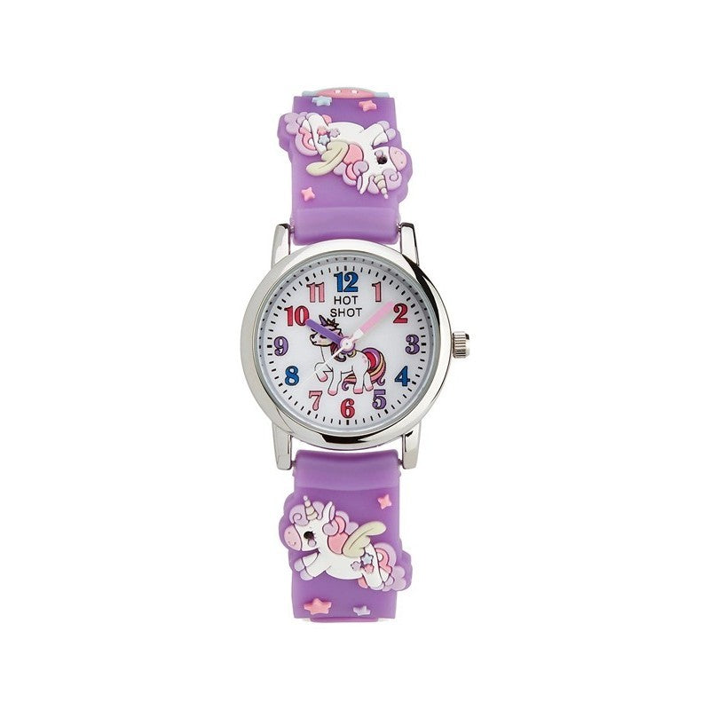 Stilvolle Kinderuhr mit lila Silikonarmband und niedlichen Einhornmotiven, weißem Zifferblatt und farbenfrohen Zahlen
