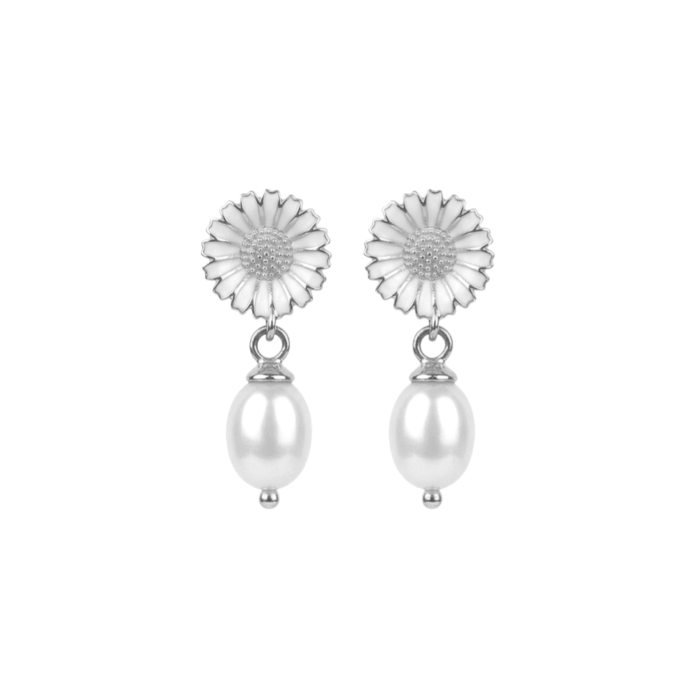Elegante Christina Marguerite Pearl Ohrringe aus Silber mit weißer Emaille und Süßwasserperle