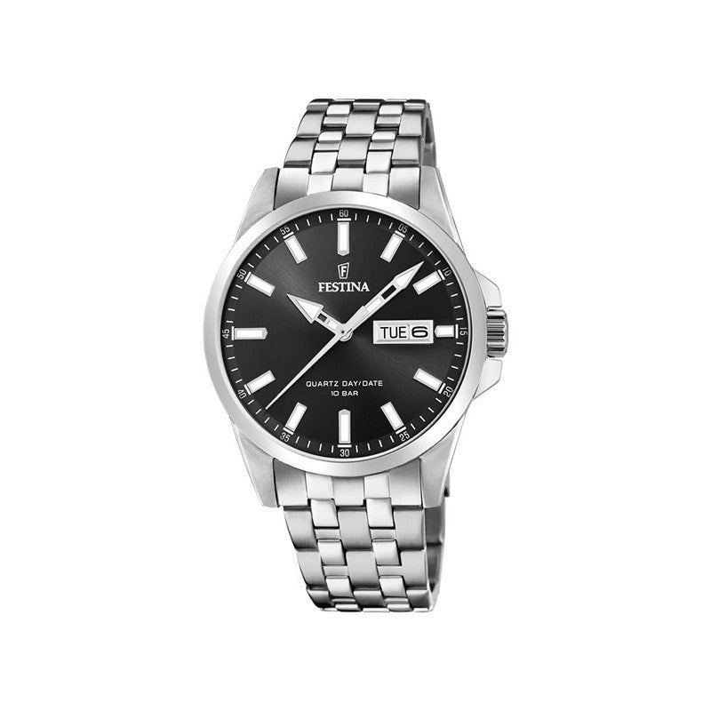 Elegante Festina-Armbanduhr aus Edelstahl mit schwarzem Zifferblatt, Tages- und Datumsanzeige sowie stilvollem Edelstahlarmband
