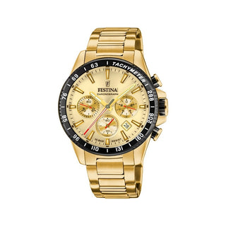 Festina Timeless Chrono herreur i gulddublé stål med guld urskive, sort lynette og kronografer