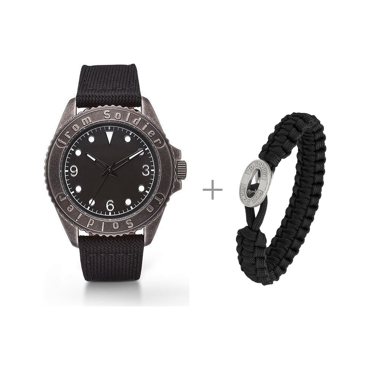 Elegantes From Soldier To Soldier Set mit schwarzer Armbanduhr und kratzfestem Saphirglas sowie stilvollem schwarzen Fallschirmseil-Armband mit ovalem Verschluss aus Edelstahl