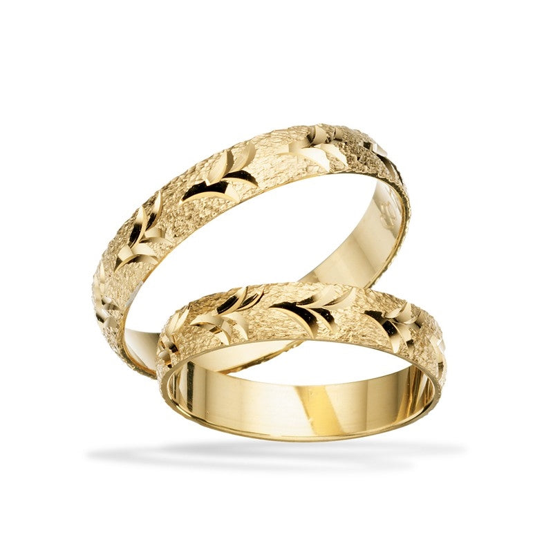 Scrouples vielsesringe i guld med rustik overflade og mønster – 4 mm