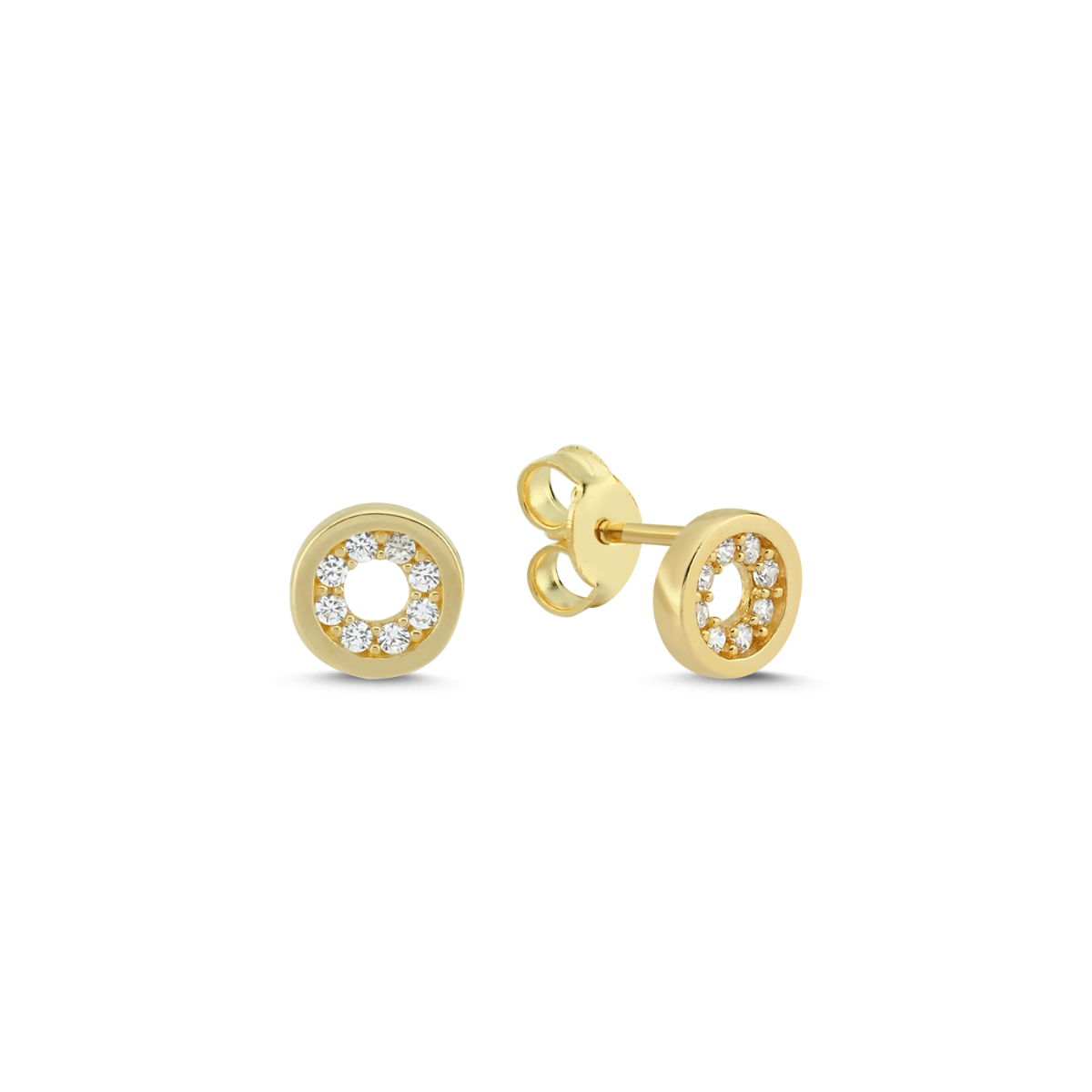 Elegante Melfia-Kreisohringe aus 14-karätigem Gold mit einem Ring aus weißen Zirkoniasteinen und offenem Zentrum, dargestellt in Vorder- und Seitenansicht
