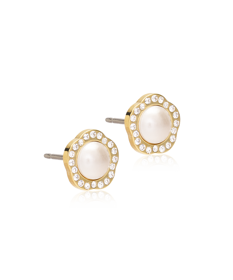 Blomdahl Brilliance elegante Ohrstecker aus goldfarben beschichtetem medizinischem Titan mit weißer Perle und funkelnden Kristallen, Ø 8 mm – stilvoller, zeitloser Ohrschmuck vom Schmuckzentrum