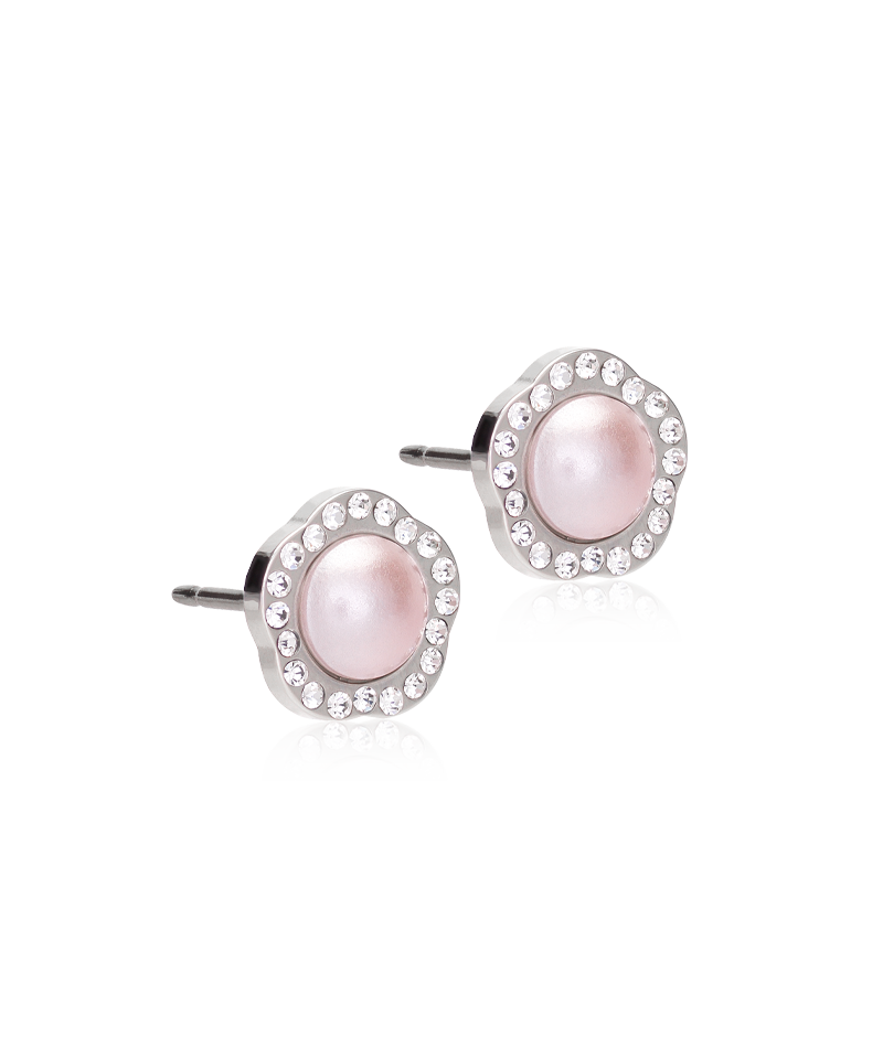 Blomdahl Brilliance elegante Ohrstecker aus medizinischem Titan mit silberfarbener Beschichtung, rosafarbener Kristallperle und funkelnden Kristallen, Ø 8 mm