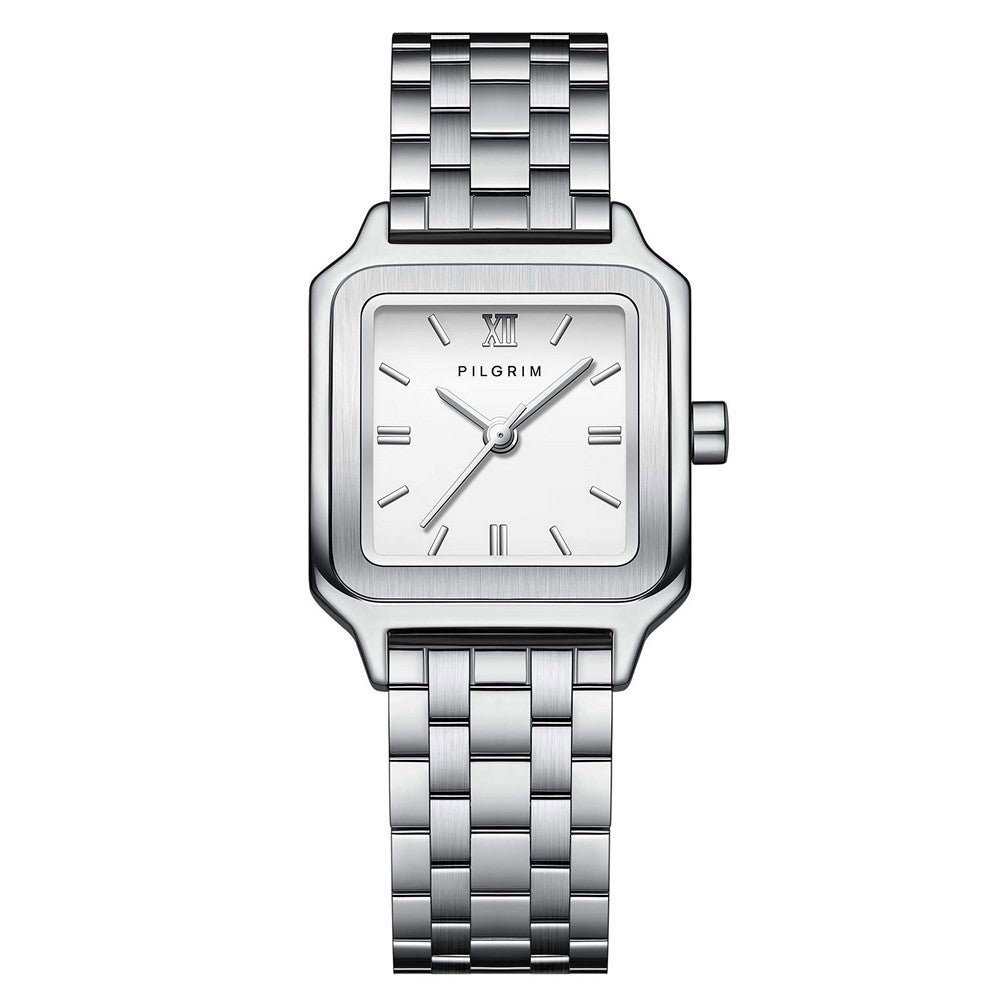 Elegante, quadratische Pilgrim-Damenuhr aus Edelstahl mit weißem Zifferblatt, feinen Indizes und stilvoller Edelstahlgliederarmband – 24 mm