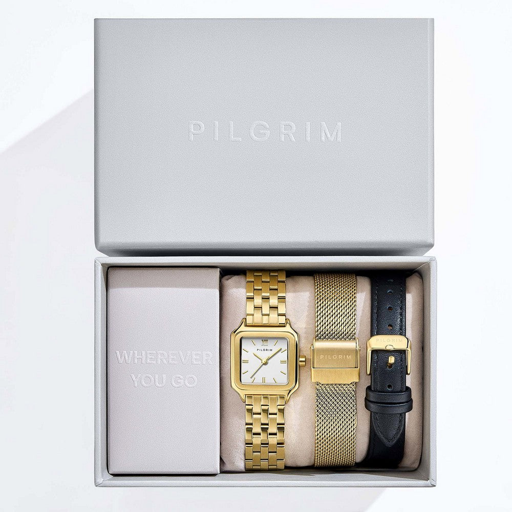 Stilvolles Pilgrim-Geschenkset mit elegantem, quadratischem 24-mm-Armbanduhrgehäuse in goldfarbener Ausführung und passendem Armband – klassisch und raffiniert in einer edlen Geschenkbox