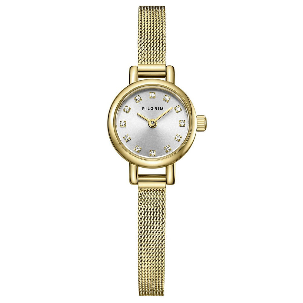 Elegante kleine Damenuhr von Pilgrim aus goldfarbenem Edelstahl mit silberfarbenem Zifferblatt und schmalem Gliederarmband