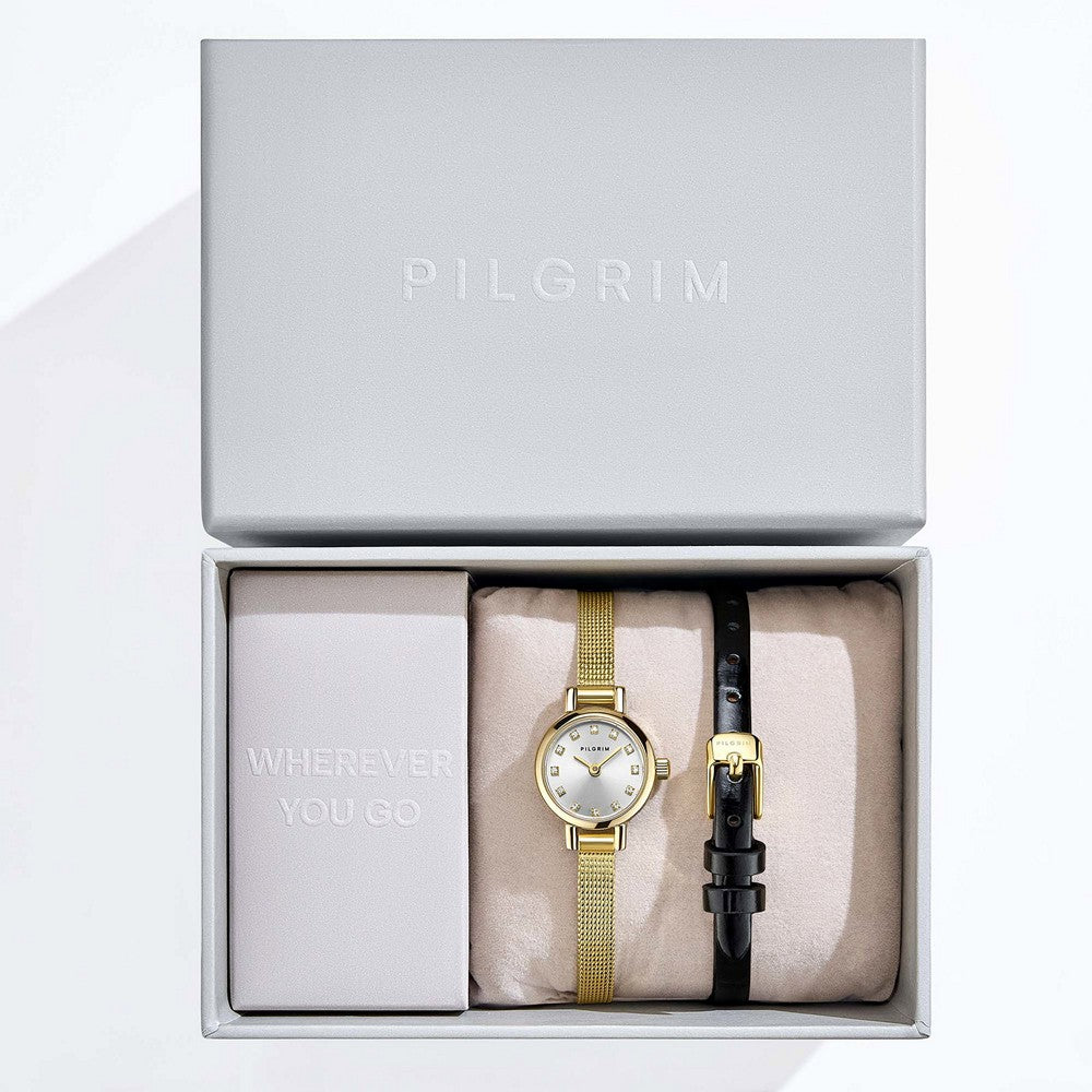 Elegantes Pilgrim Schmuckzentrum Geschenkset mit kleiner runder, goldfarbener Uhr und passendem Armband in einer stilvollen Geschenkbox