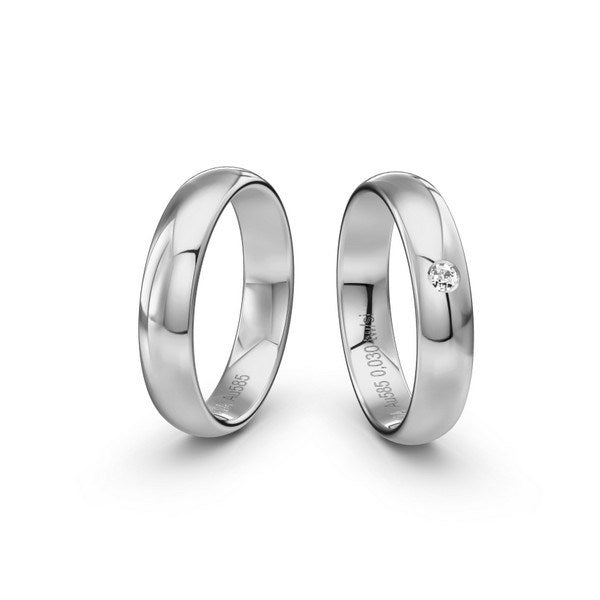 Siersbøl vielsesringe i 14 kt. hvidguld med 0,03 ct. brillant og blank overflade – profil 1