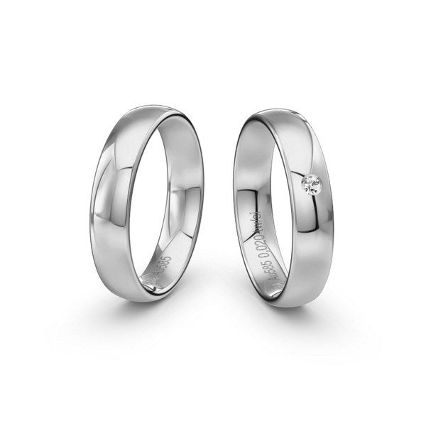Siersbøl vielsesringe i 14 kt. hvidguld med 0,02 ct. brillant og blank overflade – profil 4