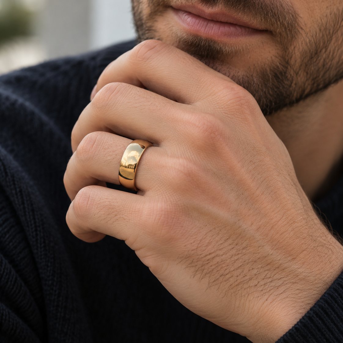 Mann trägt den vergoldeten glatten Rico's Ring am Ringfinger, die Hand am Kinn