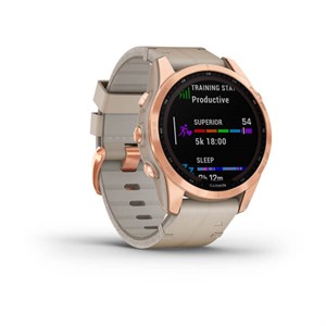 3 GARMIN - Fenix 7S Sapphire Solar Smartwatch mit roségoldenem Titan- und Lederarmband