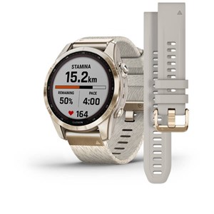1 GARMIN - Fenix 7S Sapphire Solar mit goldfarbenem Titan- und cremefarbenem Nylonband