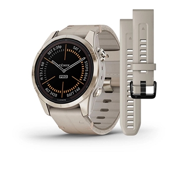 GARMIN – Fenix ​​​​7S Pro Sapphire Solar mit weichem Gold- und Kalksteinlederarmband