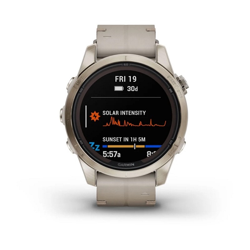 GARMIN – Fenix ​​​​7S Pro Sapphire Solar mit weichem Gold- und Kalksteinlederarmband