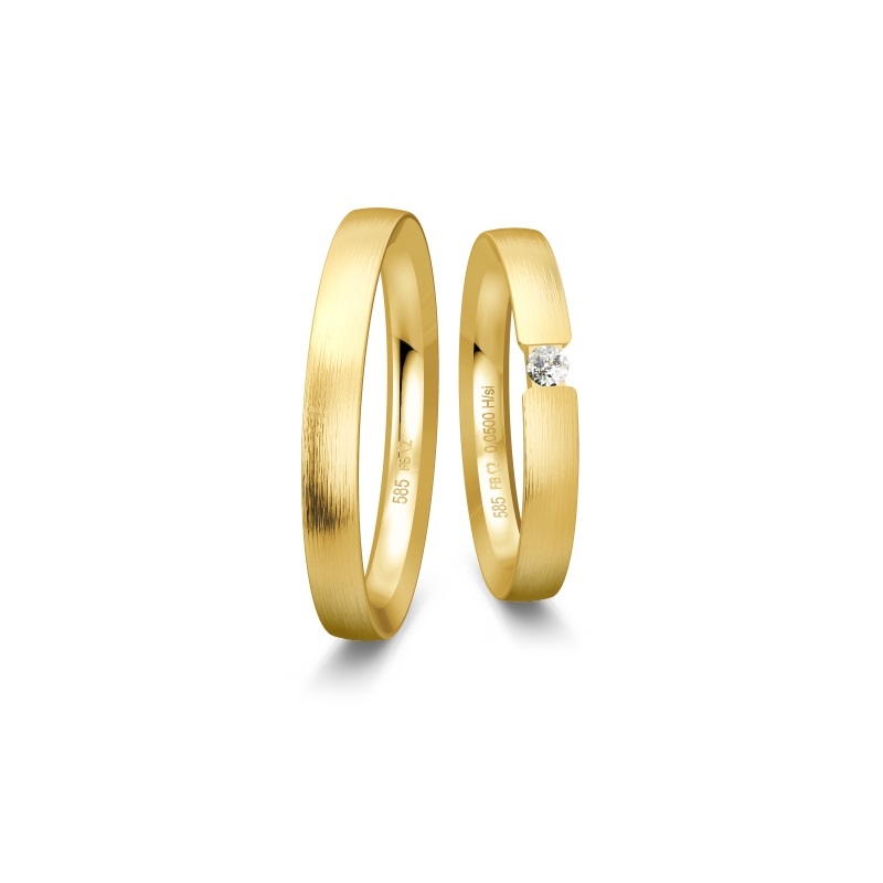 Breuning Trauringe in 8-14 kt Gold mit matter Oberfläche und 0,05 ct Brillant in Damenring.