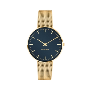 Arne Jacobsen - OXFORD BLUE City Hall Uhr - Ø34 - Oxford blaues Zifferblatt und goldenes Mesh-Armband