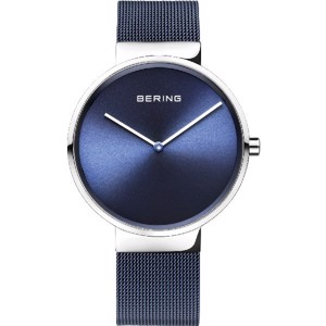 Bering Klassisches Unisex-Armband in poliertem Silber und blauem Mesh
