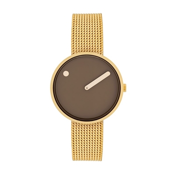 Picto Uhr mit mattem Mesh-Armband in Gold, mokkabraunem Zifferblatt