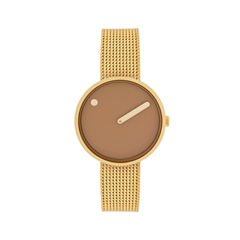 Picto Uhr mit mattem Mesh-Armband in Gold, cappuccino-braunem Zifferblatt und poliertem Uhrengehäuse
