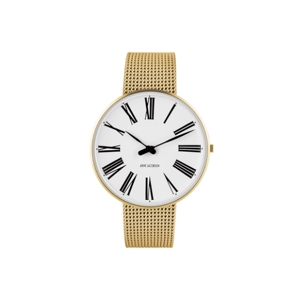 Arne Jacobsen - Römische Uhr - Ø40 - Weißes Zifferblatt, goldenes Netzarmband, IPG-Gehäuse