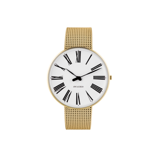 Arne Jacobsen - Römische Uhr - Ø40 - Weißes Zifferblatt, goldenes Netzarmband, IPG-Gehäuse