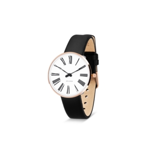Arne Jacobsen - Roman Watch - Ø30 - Weißes Zifferblatt, schwarzes Armband, IPG Pink Gehäuse