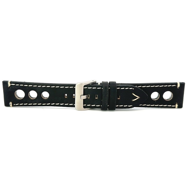 Glattes Uhrenarmband aus schwarzem Leder mit weißen Nähten, 20–22 mm