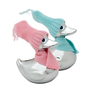 NOA Kids - Verchromte Spardose Ente m. pink/blauer Kleidung (1 Ente)