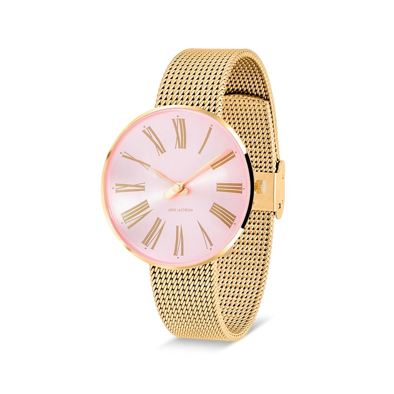 Arne Jacobsen - Römische Uhr - Ø30 - Weißes Zifferblatt, goldenes Netzarmband, IPG-Gehäuse
