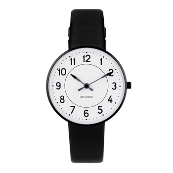 Arne Jacobsen - Station Uhr mit weißem Zifferblatt und Lederarmband