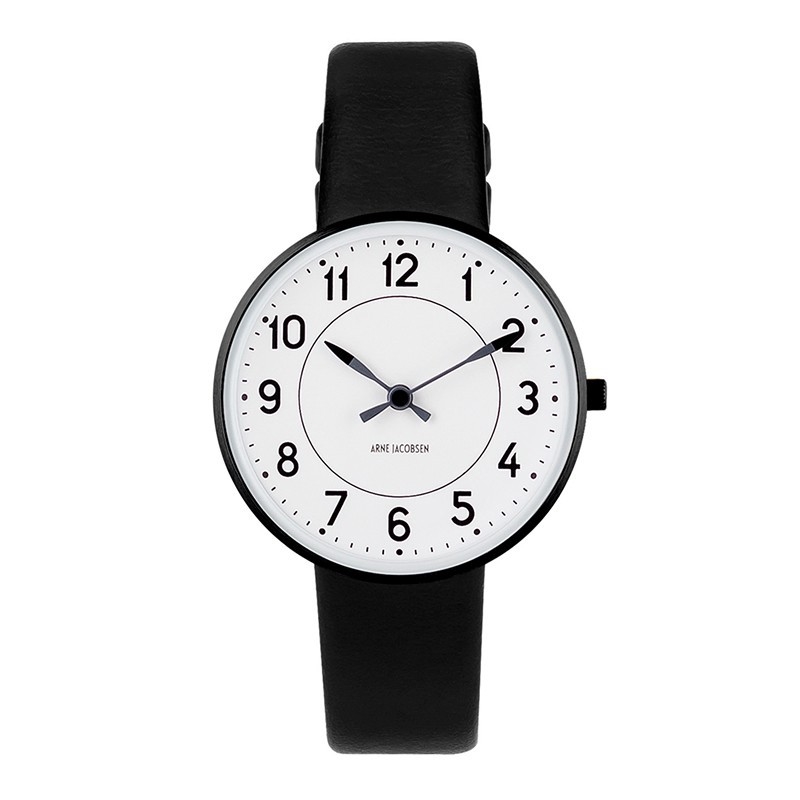 Arne Jacobsen - Station Uhr mit weißem Zifferblatt und Lederarmband