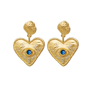 Constantine Ohrringe in vergoldetem Sterlingsilber mit Herzanhänger, blauem Kyanit und zirkonia von Maanesten