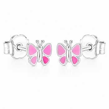 Silber Kinderohrringe Schmetterling mit echter rosa Emaille